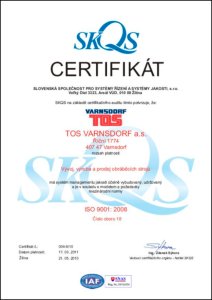 Certifikát ISO 9001:2008 vydaný v roce 2010 (čeština).