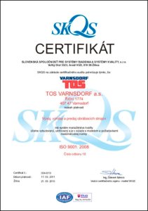 Certifikát ISO 9001:2008 vydaný v roce 2010 (slovenština).